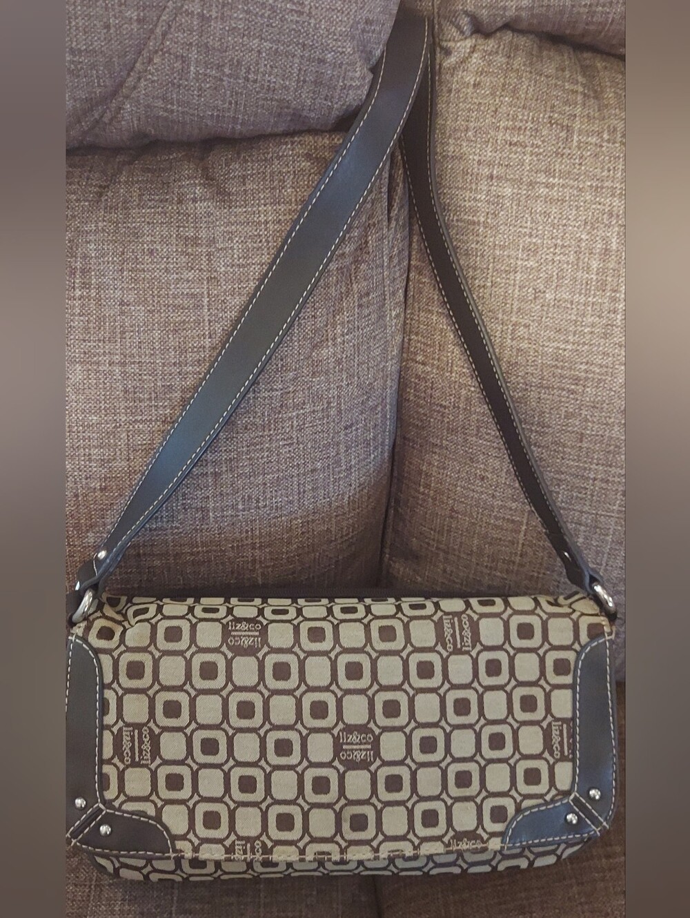 Vintage Liz & Co. Tan and Dark Brown Geo Print Shoulder Bag